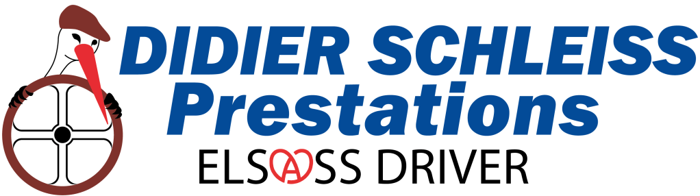 Logo Didier Schleiss prestations, Elsass driver. Avec un dessin de cigogne portant un béret et tenant un volat en bois. 